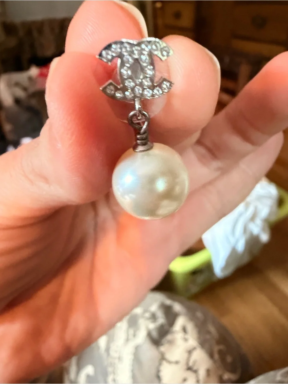 CHANEL Authentic CHANEL Crystal CC Pearl Dangle Drop Earrings Silver with Box